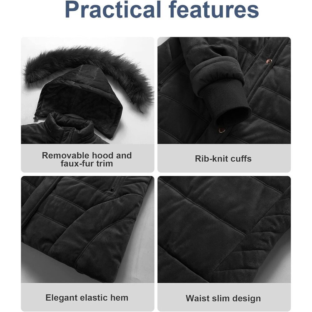 Women's Black Winter Warm Coat Velvet Quilted Faux Fur Hood Puffer Jacket - Picture 6 of 7